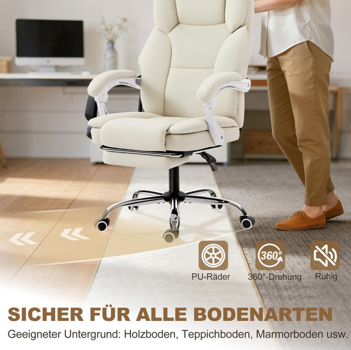 BÜROSTUHL in Beige 64x73x120 cm mit verstellbarer Rückenlehne und ausziehbarem Fußteil - Beige, Kunststoff (73/120/64cm) - IVMEU