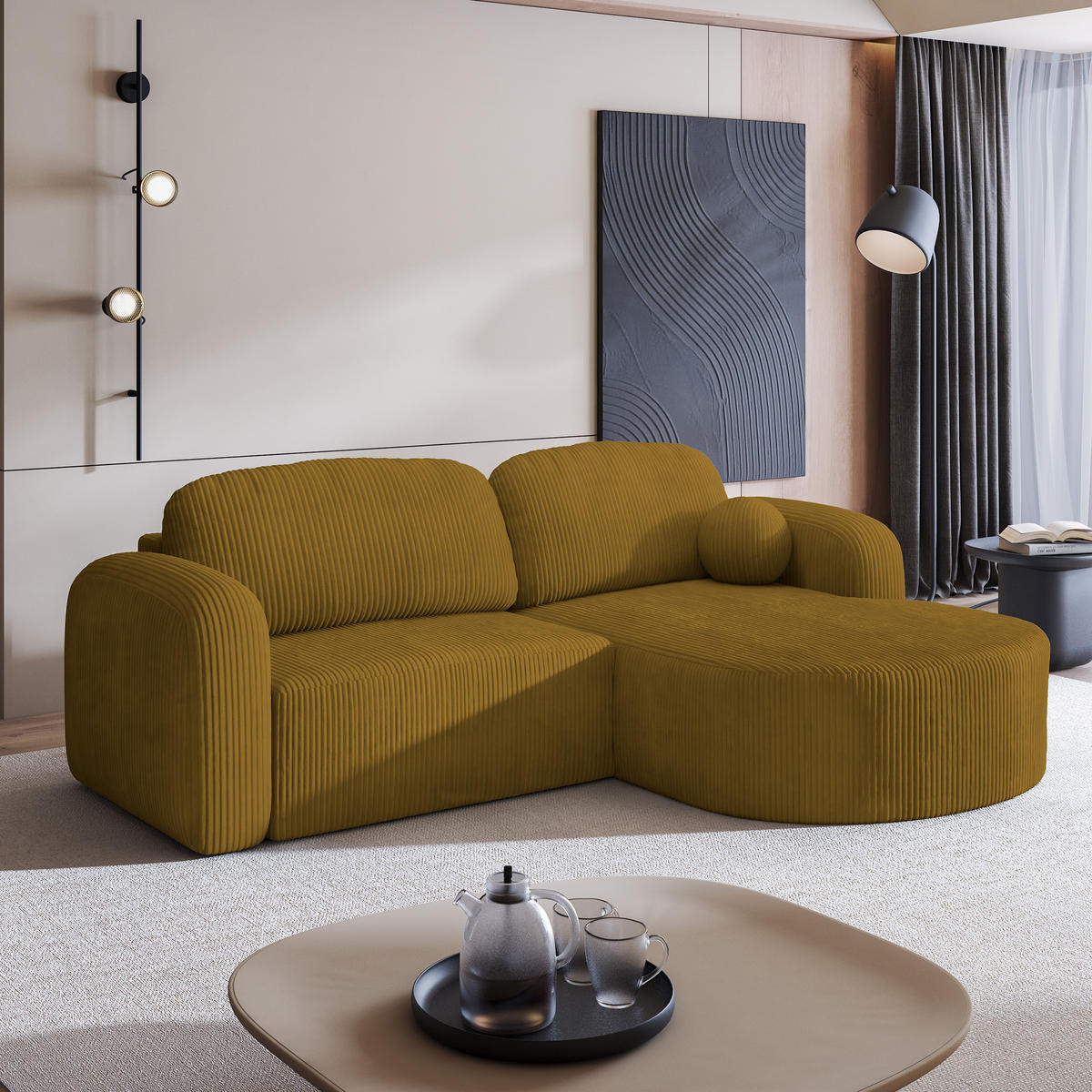 ECKSOFA AMILIA P R-S Gelb Kordstoff mit Schlaffunktion - Gelb, Holz (263/174cm) - MASSENO