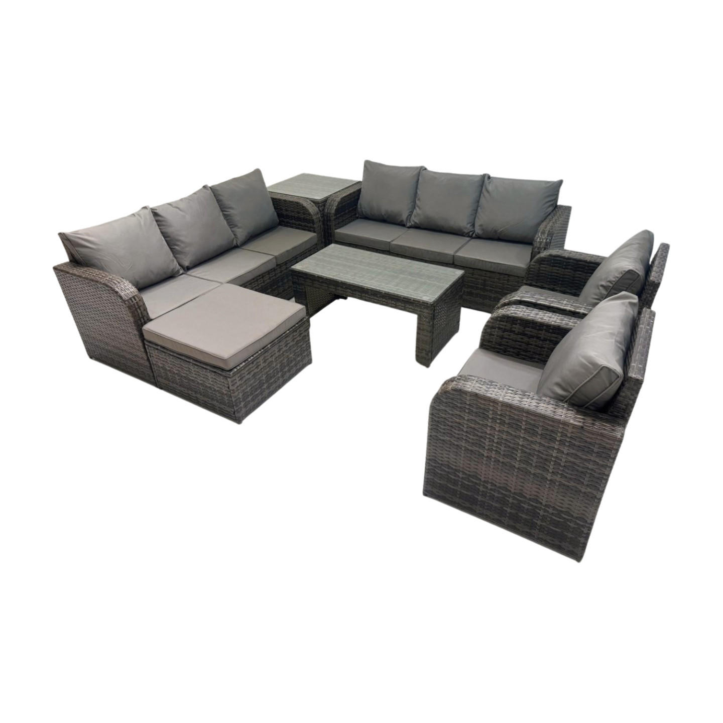 GARTENSOFA SET mit rechteckigem COUCHTISCH Polyrattan 9-Sitzer Dunkelgrau - Dunkelgrau/Grau, Glas/Kunststoff - Fimous