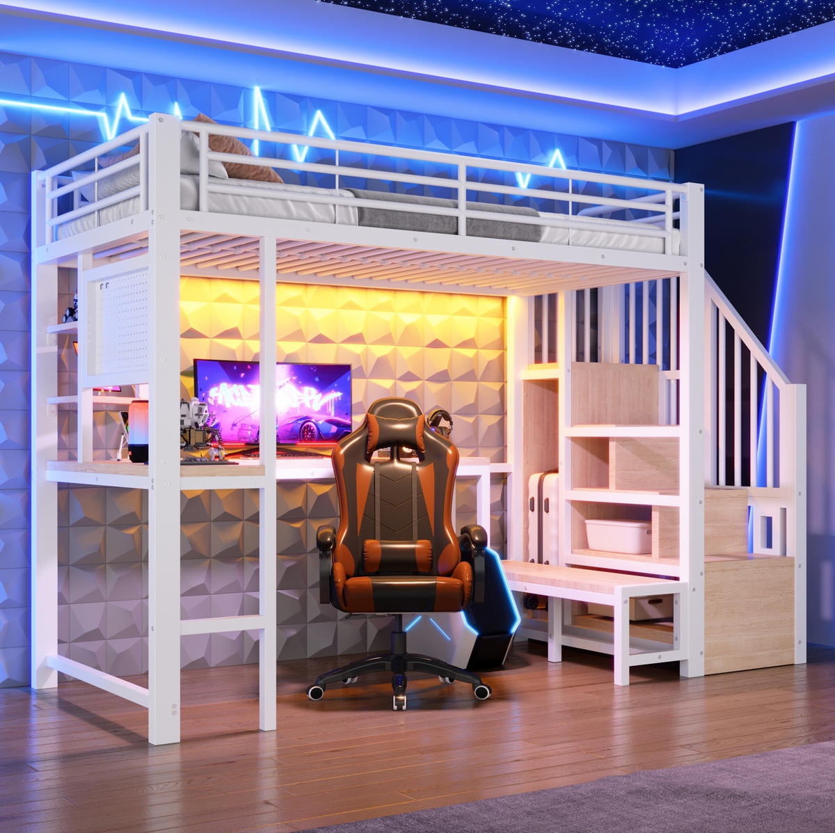 HOCHBETT 90x200 cm in Weiß mit Schreibtisch, Stauraumtreppe und LED-Beleuchtung - Weiß, Holzwerkstoff (90/200cm) - IVMEU