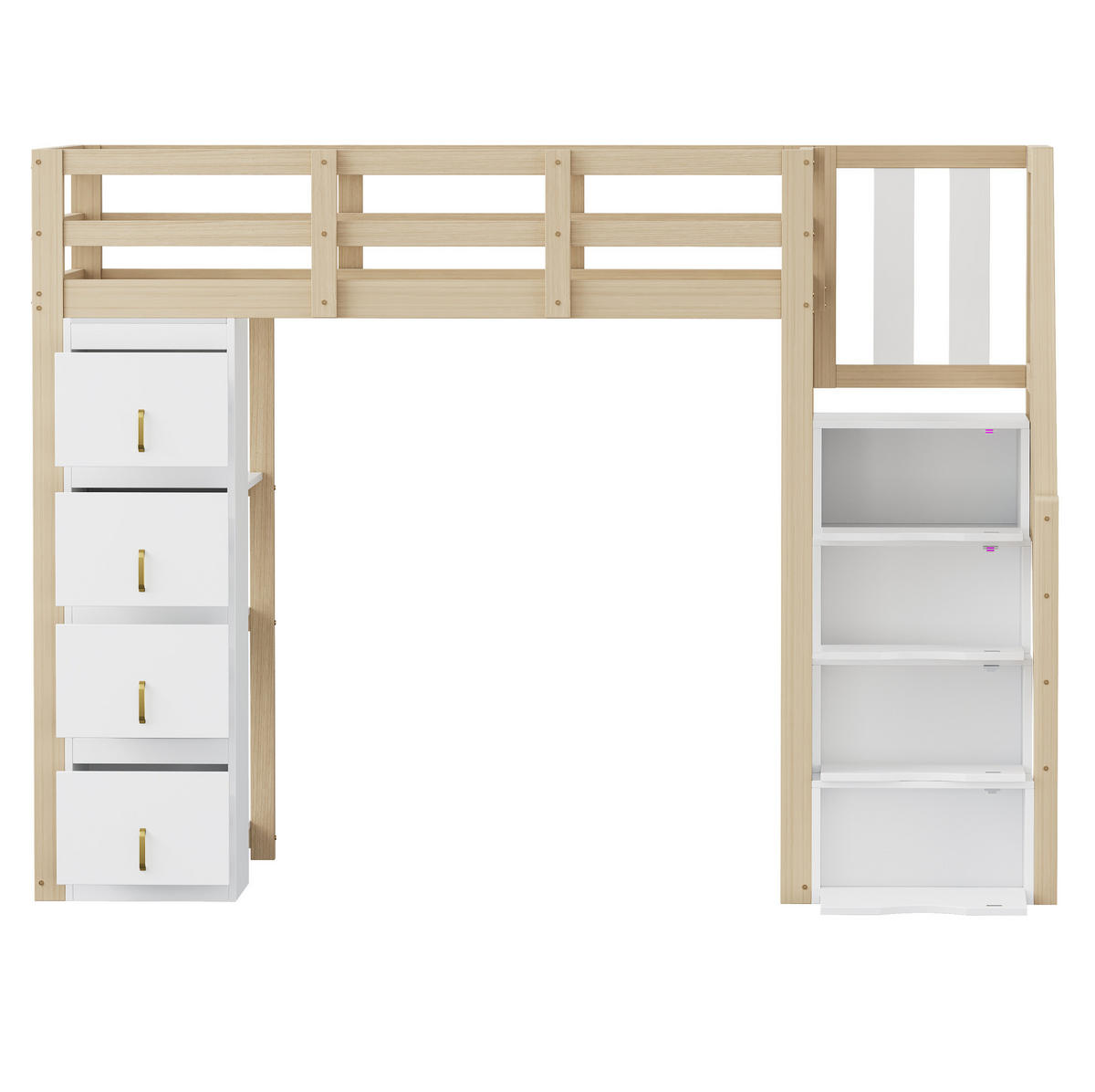 KATNI krevet od borovine 90x200 cm boja prirodnog drva s 4 ladice, policama i sigurnosnim ljestvama - bijela, drvni materijal (90/200cm) - Modfu