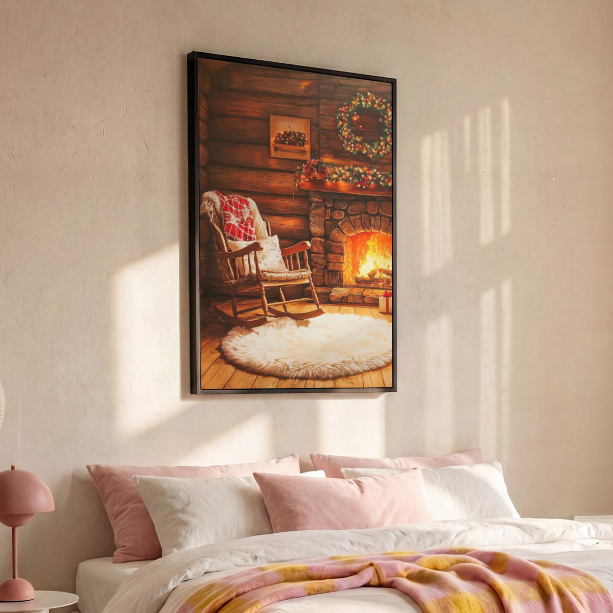 LEINWAND Bilder mit Rahmen - Winter - Weihnachten - Zuhause - Kamin - 80x120 - Bernsteinfarben, Textil (80/120cm) - MuchoWow