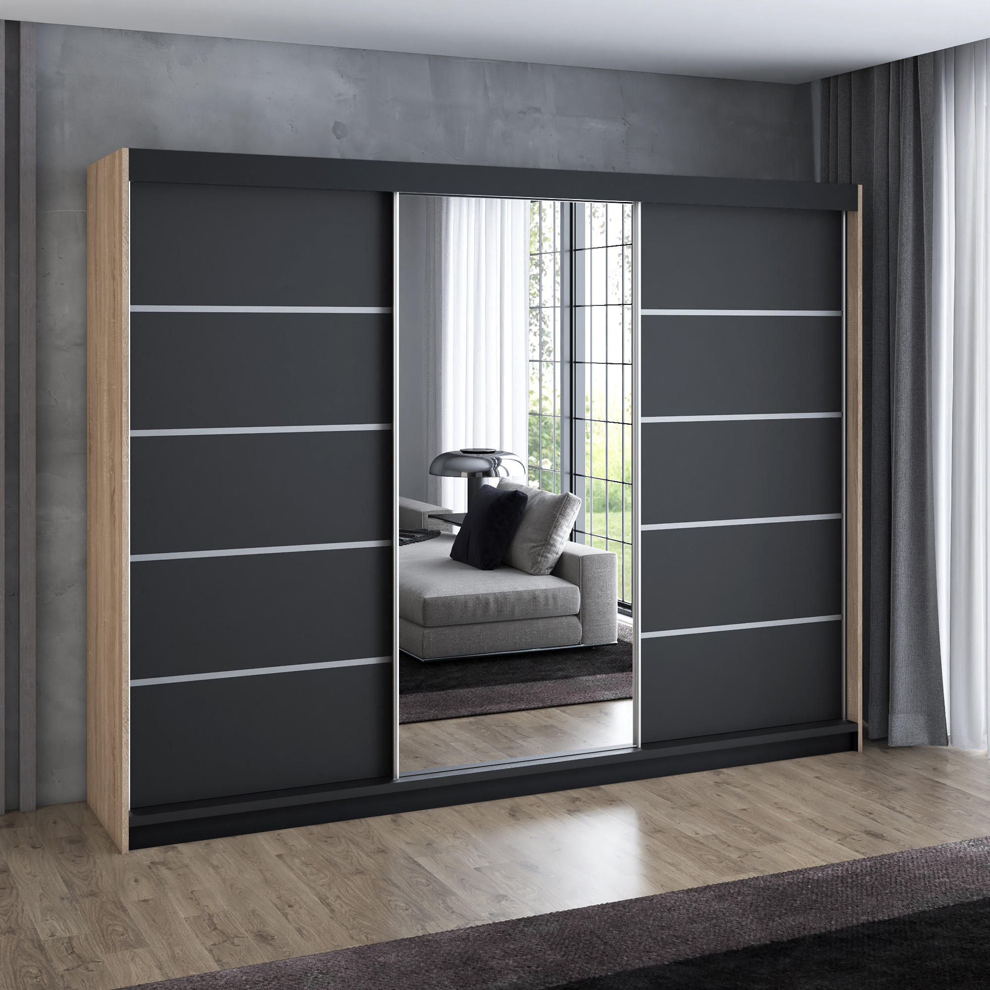 SCHWEBETÜRENSCHRANK 200 cm VILANO 3 Farbe: Sonoma|schwarz|schwarz - Schwarz/Braun, Holzwerkstoff (200/215/59.5cm) - A&J MöbelLand