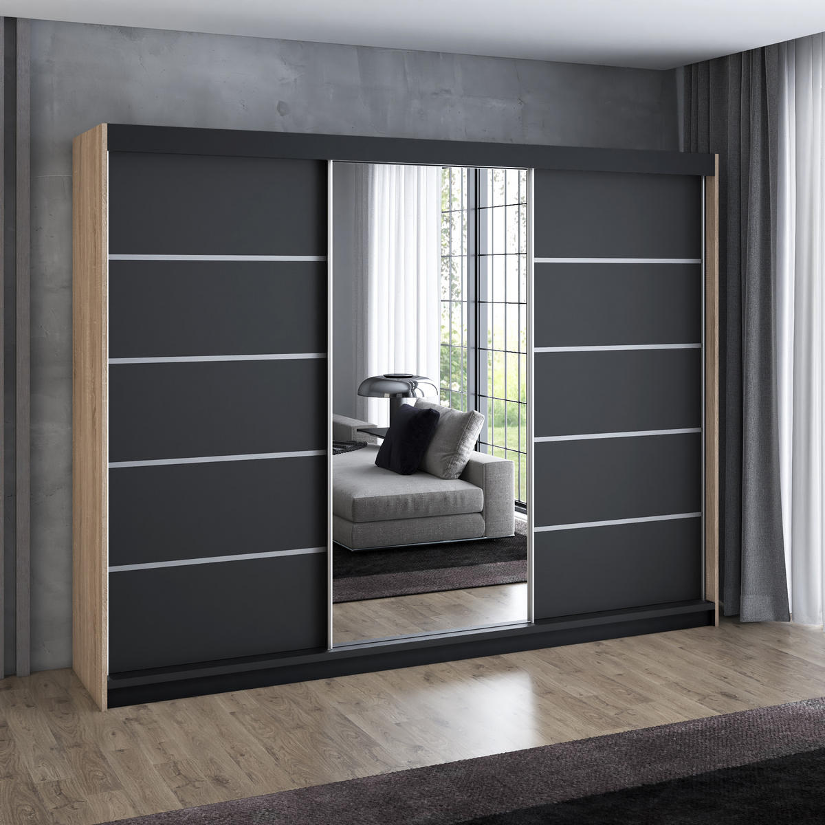 SCHWEBETÜRENSCHRANK 200 cm VILANO 3 Farbe: Sonoma|schwarz|schwarz - Schwarz/Braun, Holzwerkstoff (200/215/59.5cm) - A&J MöbelLand