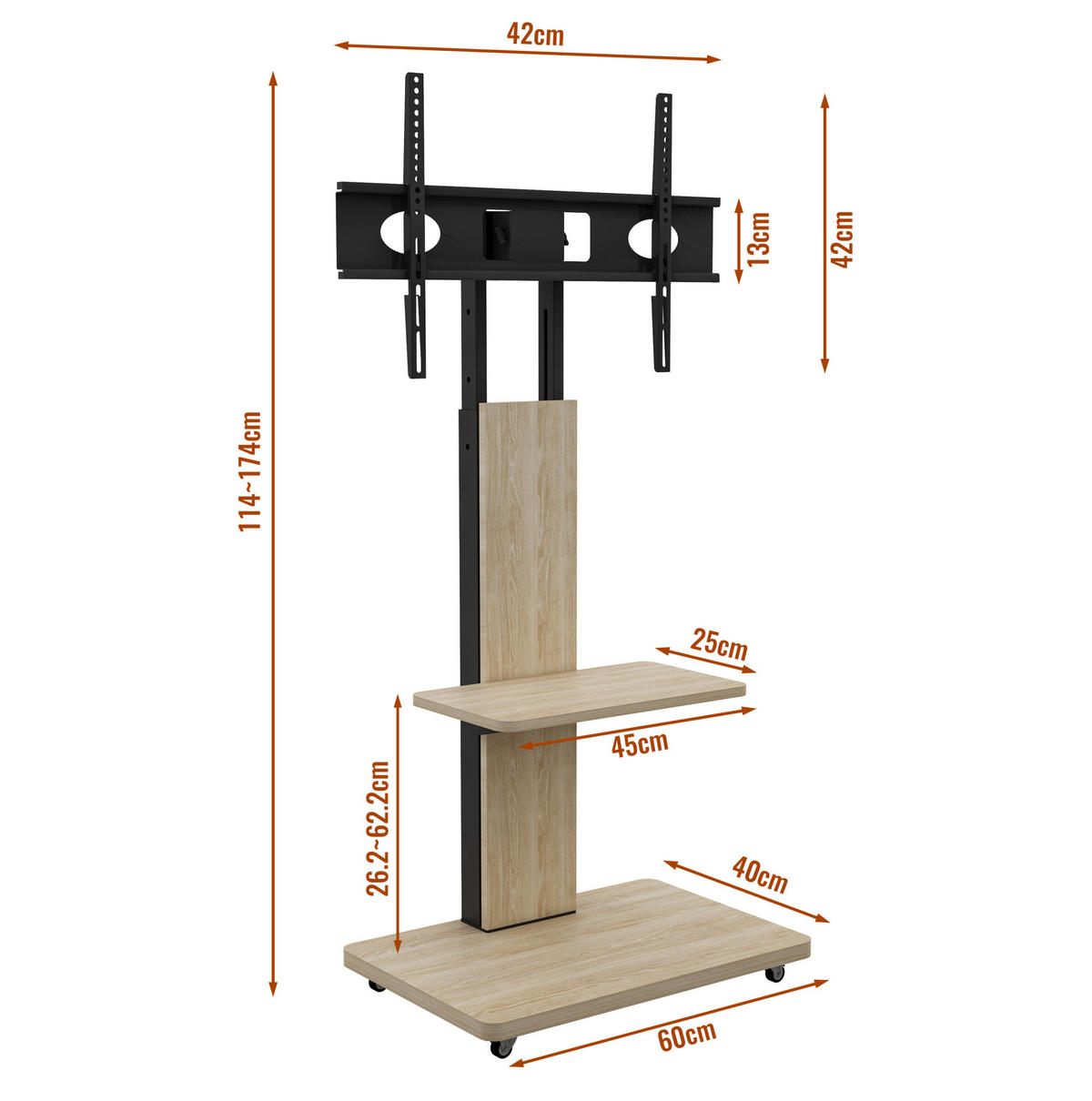 TV-STÄNDER 60/40 cm höhenverstellbar mit schwenkbarer Halterung, Rollen und Ablagen aus MDF und Metall, Natur - Hellbraun, Holzwerkstoff (60/150/40cm) - Redom