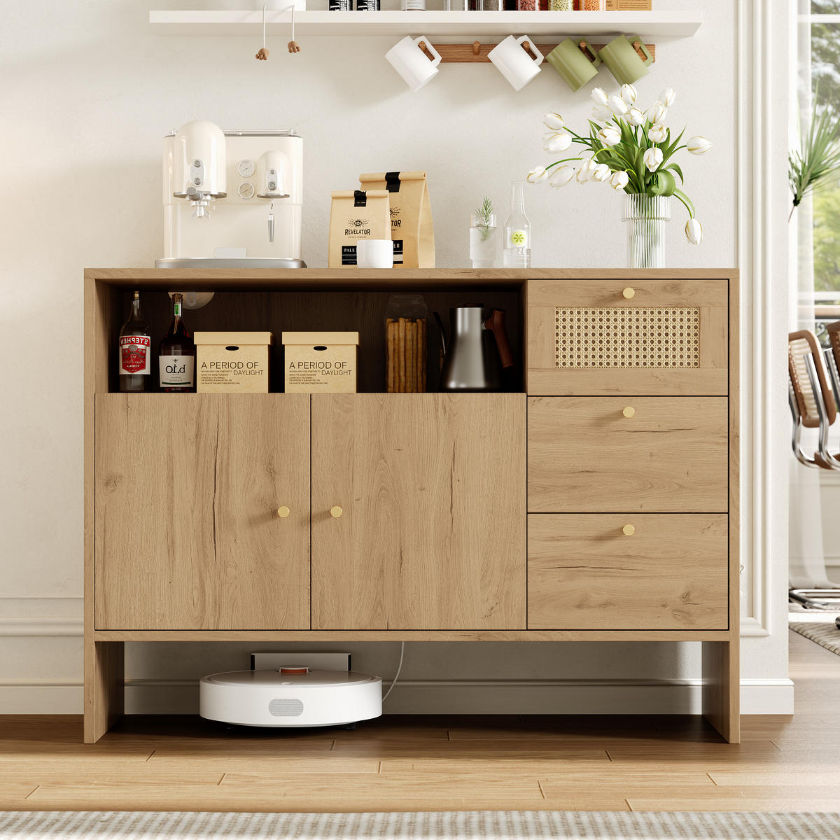SIDEBOARD aus Spanplatte 40x105x76 cm Natur mit 2 Türen, 3 Schubladen und offenem Fach in Rattan-Optik - Naturfarben, Holzwerkstoff (105/76/40cm) - Modfu