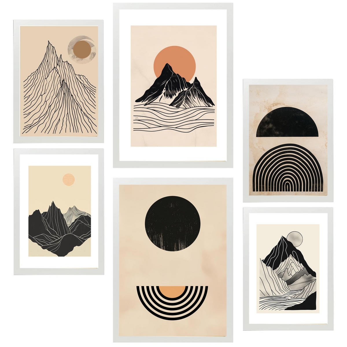 POSTER Set Mit 6 Geometrische Berge Vintage Braun Schwarz & Erdtöne A3 & A4 Weißer Rahmen - Weiß, Papier (29/3cm) - Nacnic