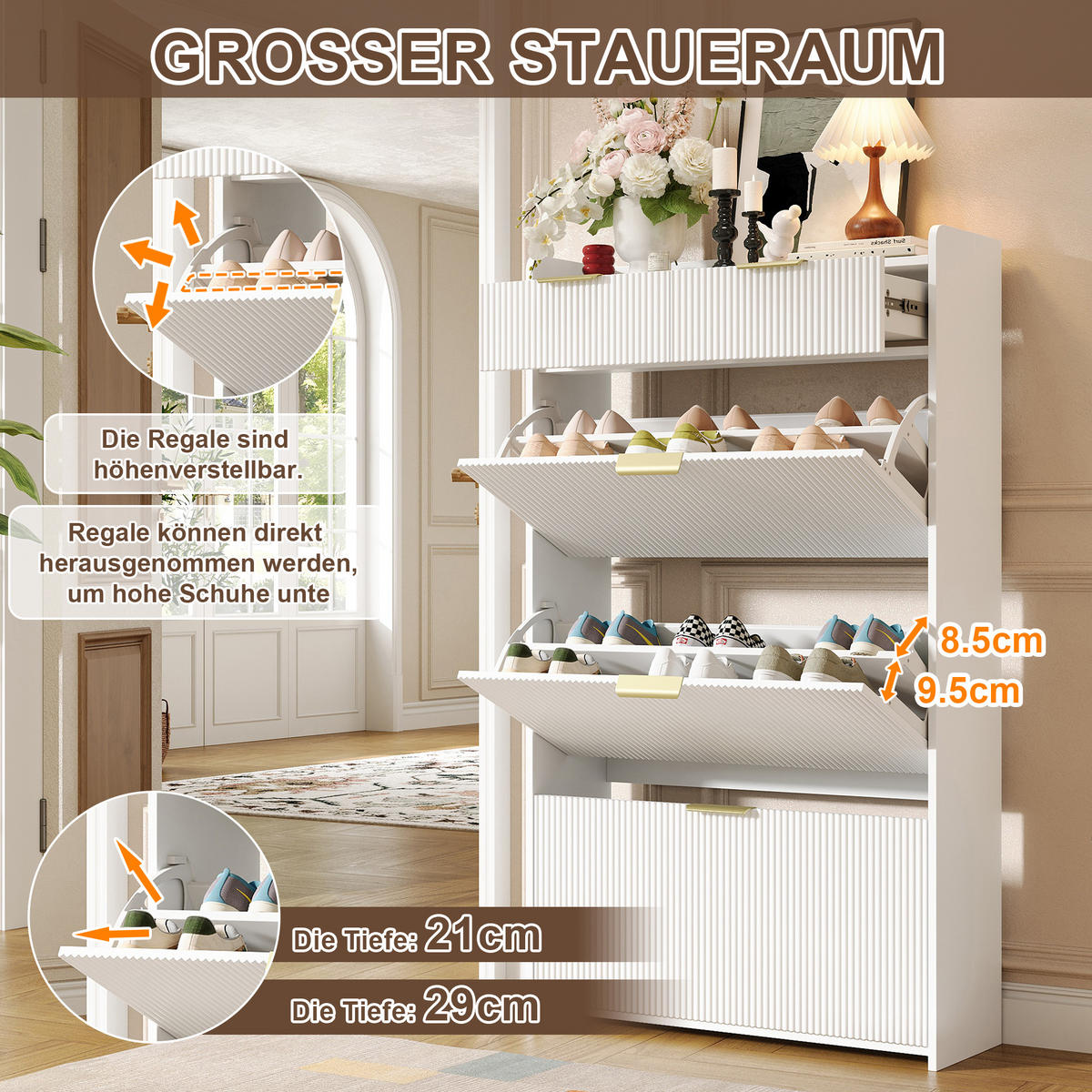 SCHUHSCHRANK 80x25x135cm Weiß mit 3 Klappen und 2 Schubl. - Weiß, Holzwerkstoff (80/135/25cm) - FLIEKS