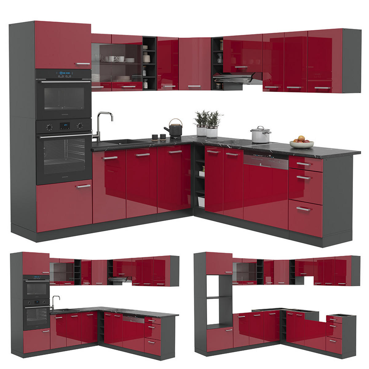 ECKKÜCHE R-Line Rot Hochglanz/Anthrazit 247 x 60 cm , AP Eiche - Anthrazit/Rot, Holzwerkstoff (247/81.6/60cm) - Vicco