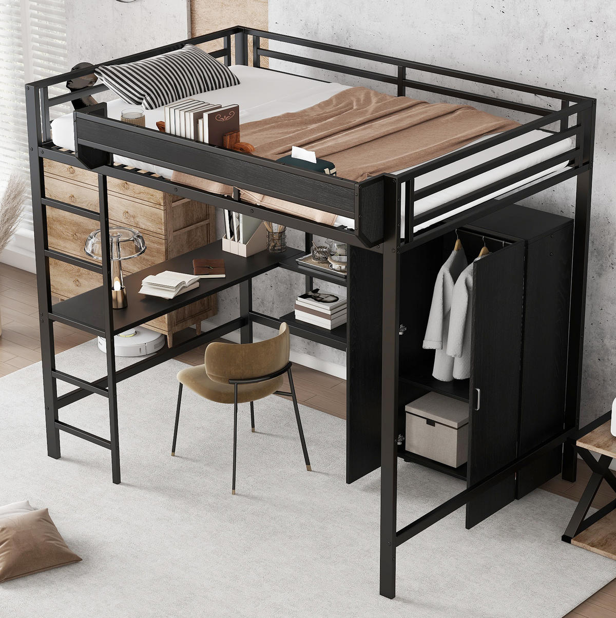HOCHBETT 140/200 cm aus Metall und MDF mit Schreibtisch und Kleiderschrank Schwarz - Schwarz, Holzwerkstoff (140/200cm) - Modenvie