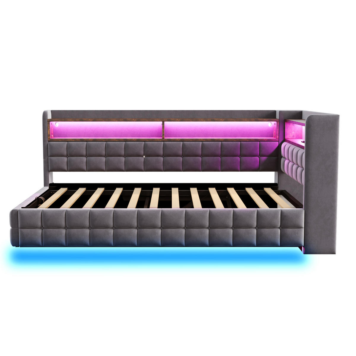 ČALOUNĚNÁ postel 90/200 cm s hydraulickým úložným prostorem, LED, USB, Typ-C a policemi, samet, Šedá - šedá, textil (90/200cm) - Redom