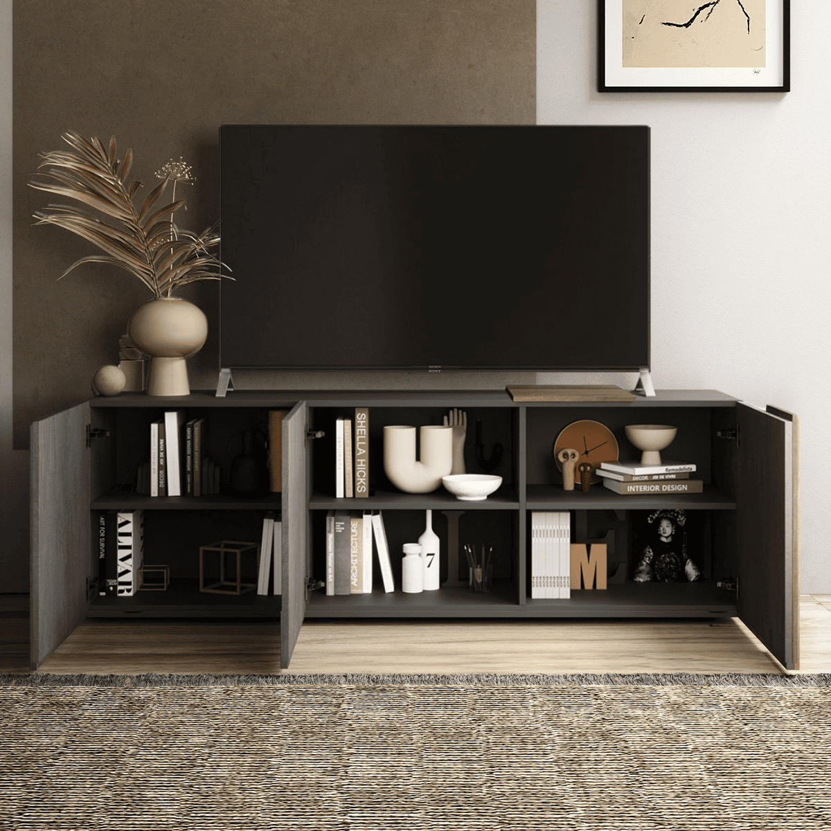 TV-MÖBEL 3 Schwingtüren Pluton - L181 cm - Nussbaumfarben, Holzwerkstoff (44/57/181cm) - Calicosy