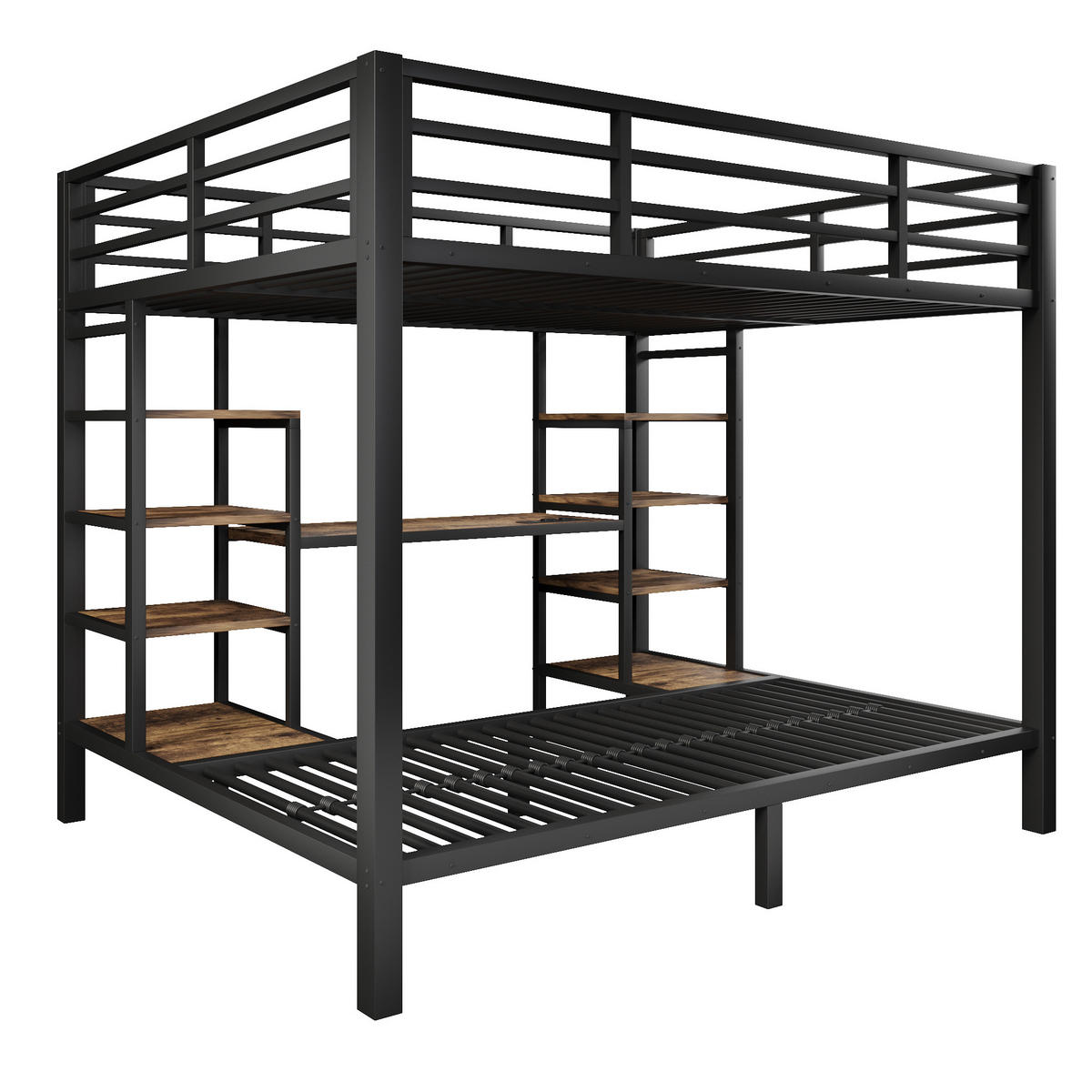 ETAGENBETT 90/200 cm + 140/200 cm Schwarz, Metallgestell mit Stauraum und LED-Beleuchtung - Schwarz, Metall