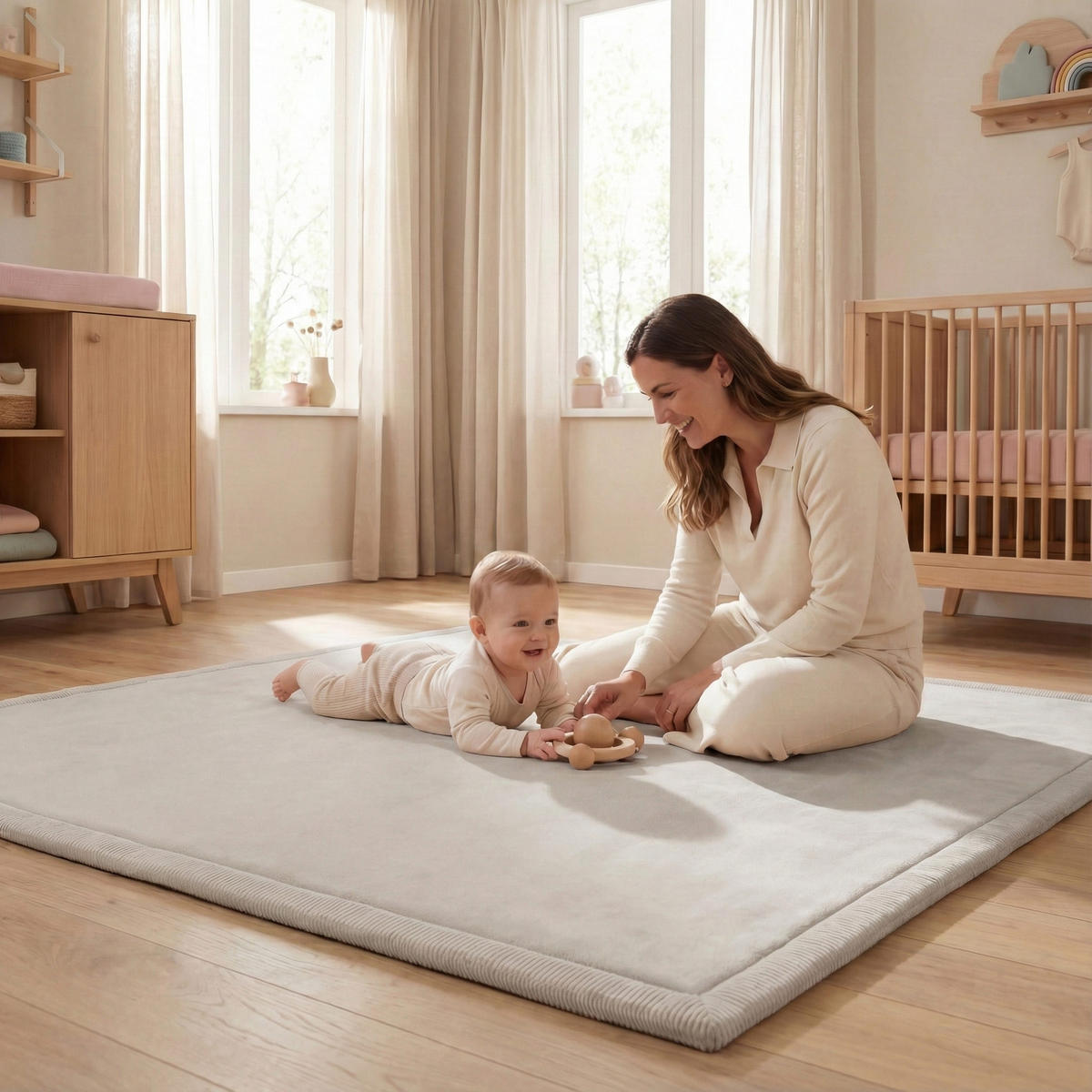 KRABBELTEPPICH samtweich, kuschelig und ÖKO-TEX zertifiziert - Hellgrau 200x300cm - Hellgrau, Textil (300/200cm) - Sanosoft