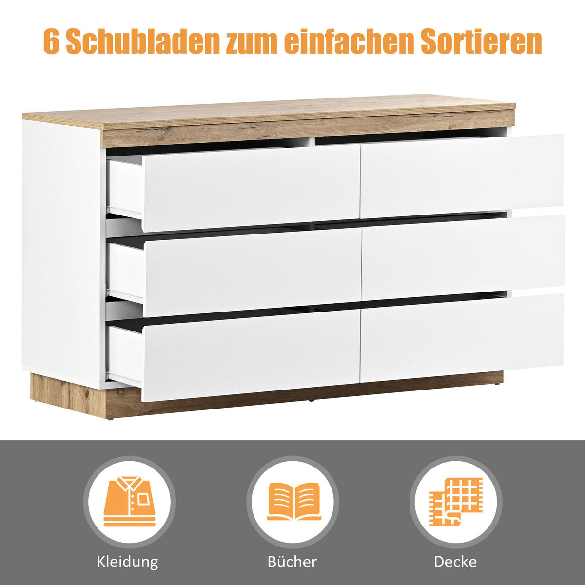 SIDEBOARD in Weiß und Eiche Kommode mit 6 Schubladen und Schließfach für Schlafzimmer und Wohnzimmer, B110/T40/H67.5cm - Eichefarben/Weiß, Holzwerkstoff/Metall (110/67.5/40cm) - STILVORA