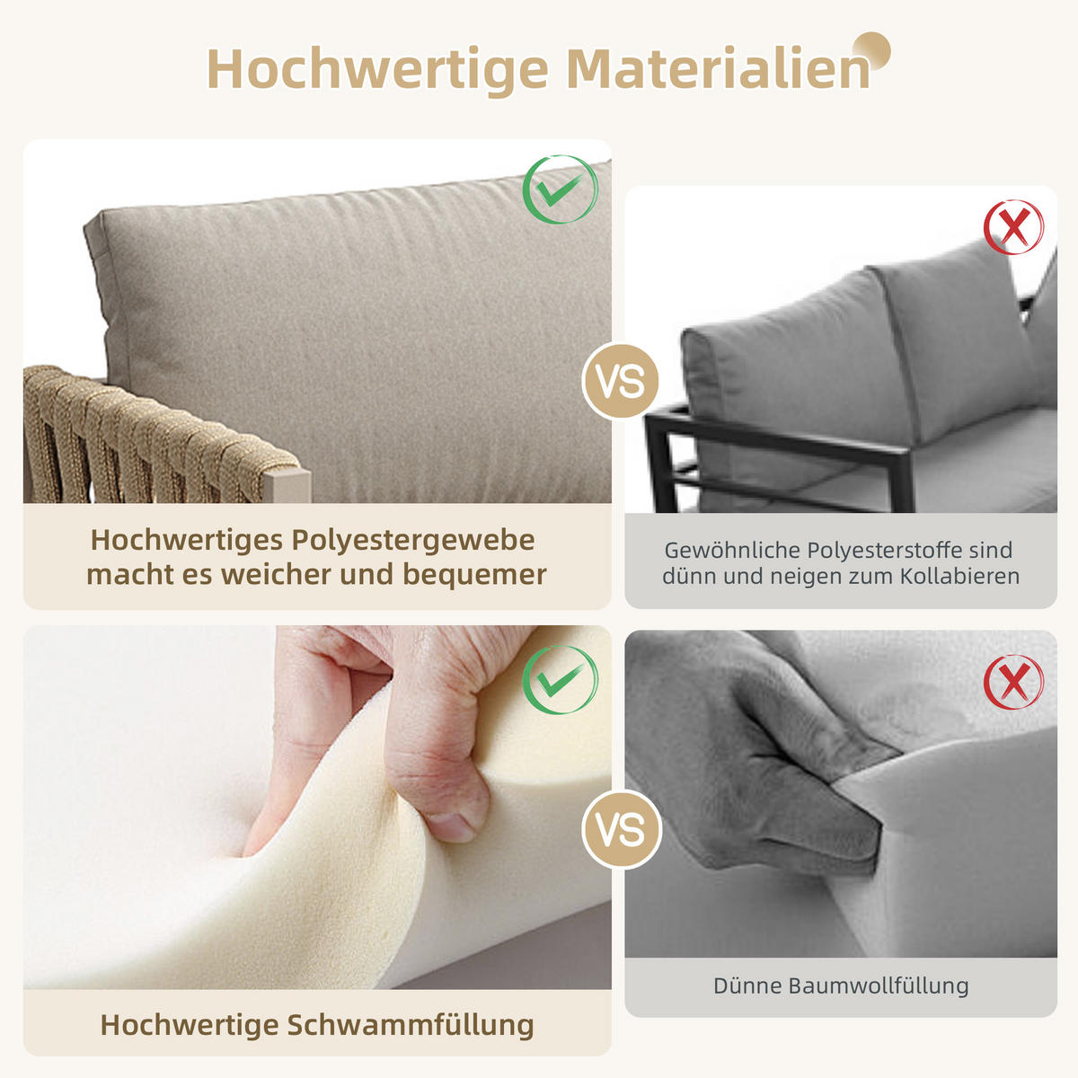 GARTENSET Eck Beige Seil Mit Verstellbaren Füßen & Glastisch - Beige, Metall - FLIEKS