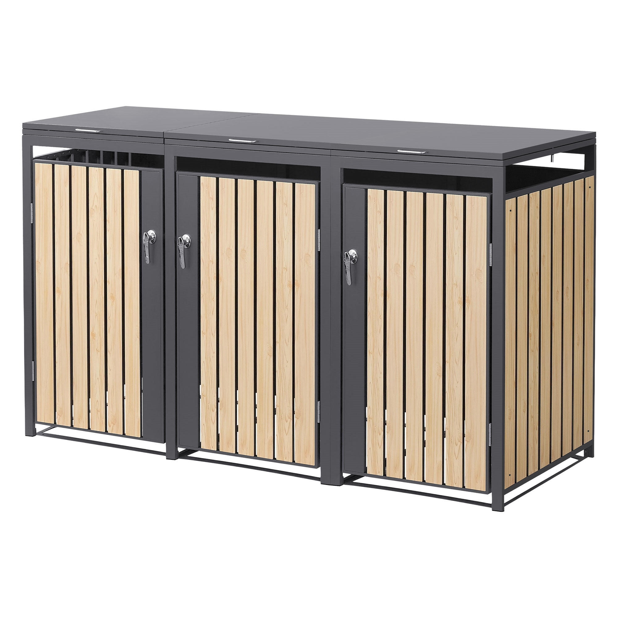 MÜLLTONNENBOX 3er Anthrazit-Lärchenoptik - Naturfarben, Metall (200/120/80cm) - ML-DESIGN