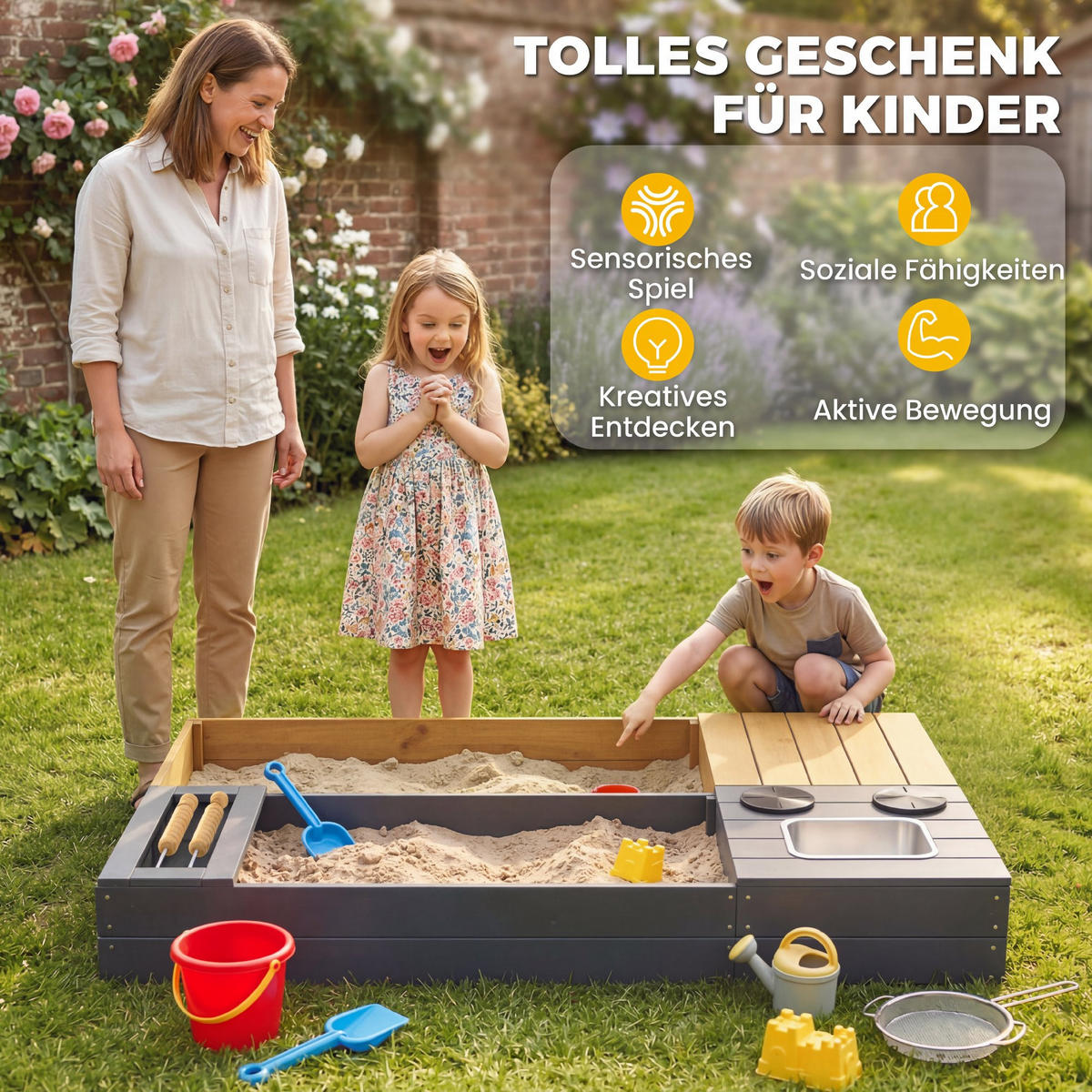 SANDKASTEN DE-10549 2-teilig mit Sitzbank, Stauraum & Herd Gelb - Gelb, Metall (150/90/19.5cm) - ComfortXL