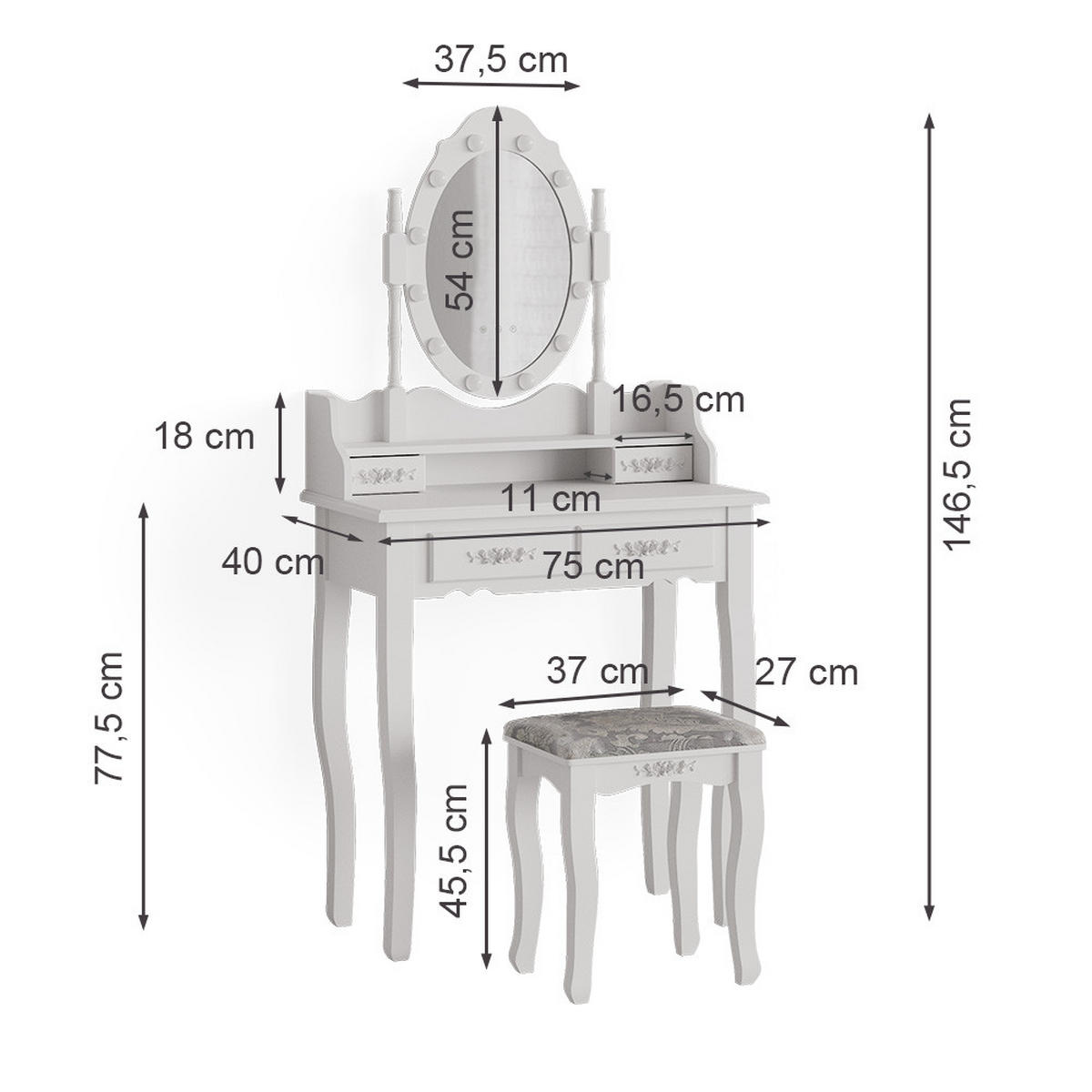 SCHMINKTISCH Maggie Weiß 75 cm mit LED Beleuchtung und Hocker - Weiß, Holzwerkstoff (75/146.5/40cm) - Vicco