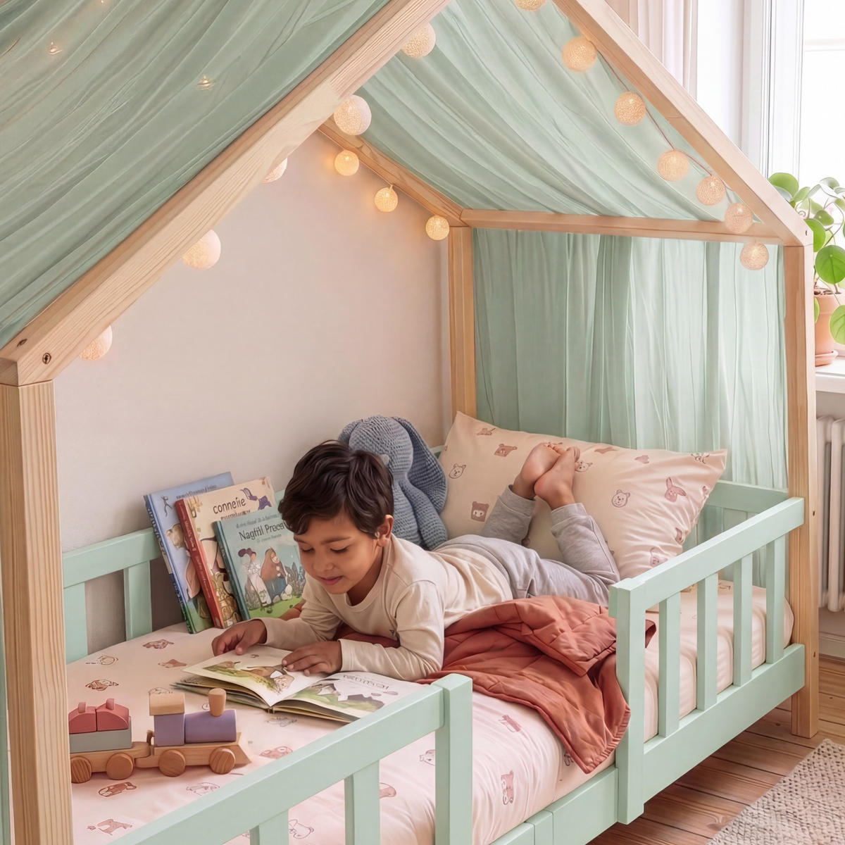 HAUSBETT Treviolo - Naturfarben/Mintgrün, Holz (90/200cm) - [en.casa]