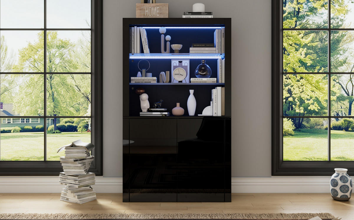 VITRINE 100/35/170 cm mit LED-Beleuchtung, Hochglanzfront und 2 Türen, Schwarz - Schwarz, Holzwerkstoff (100/170/35cm) - Redom