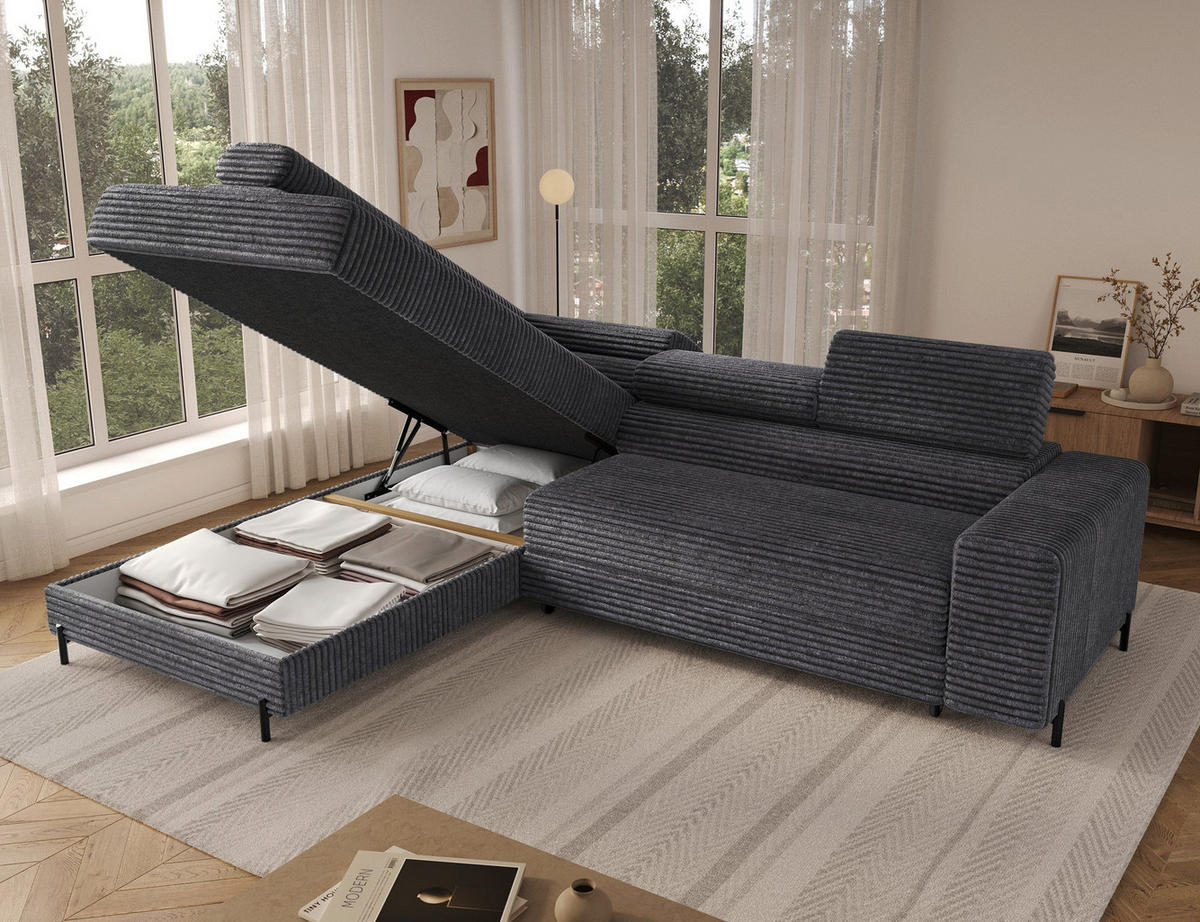 ECKSOFA COLESIO L-Form, Schlaffunktion, Bettkasten, verstellbare Kopfstützen, Wellenfederung, Metallfüße, breiter Cordstoff - Anthrazit/Schwarz, Kunststoff/Metall (269/204cm) - Wohnideebilder