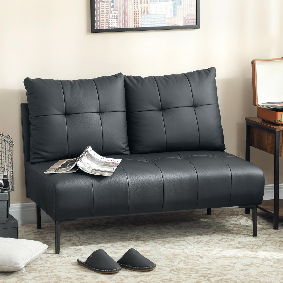 SOFA, 2-Sitzer, Kunstleder, knopfgesteppt, schwarz, 115x73x83cm - Multicolor, Holzwerkstoff (115/83/73cm) - FORIOUS