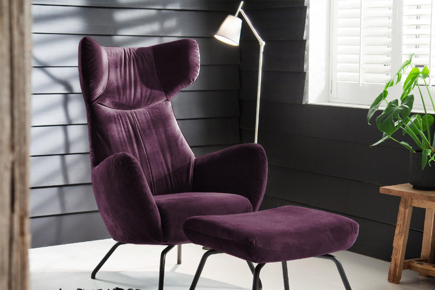 SESSEL MIT HOCKER LOTTE Violett Velvet - Violett/Schwarz, Textil (79/117/82cm) - KAWOLA