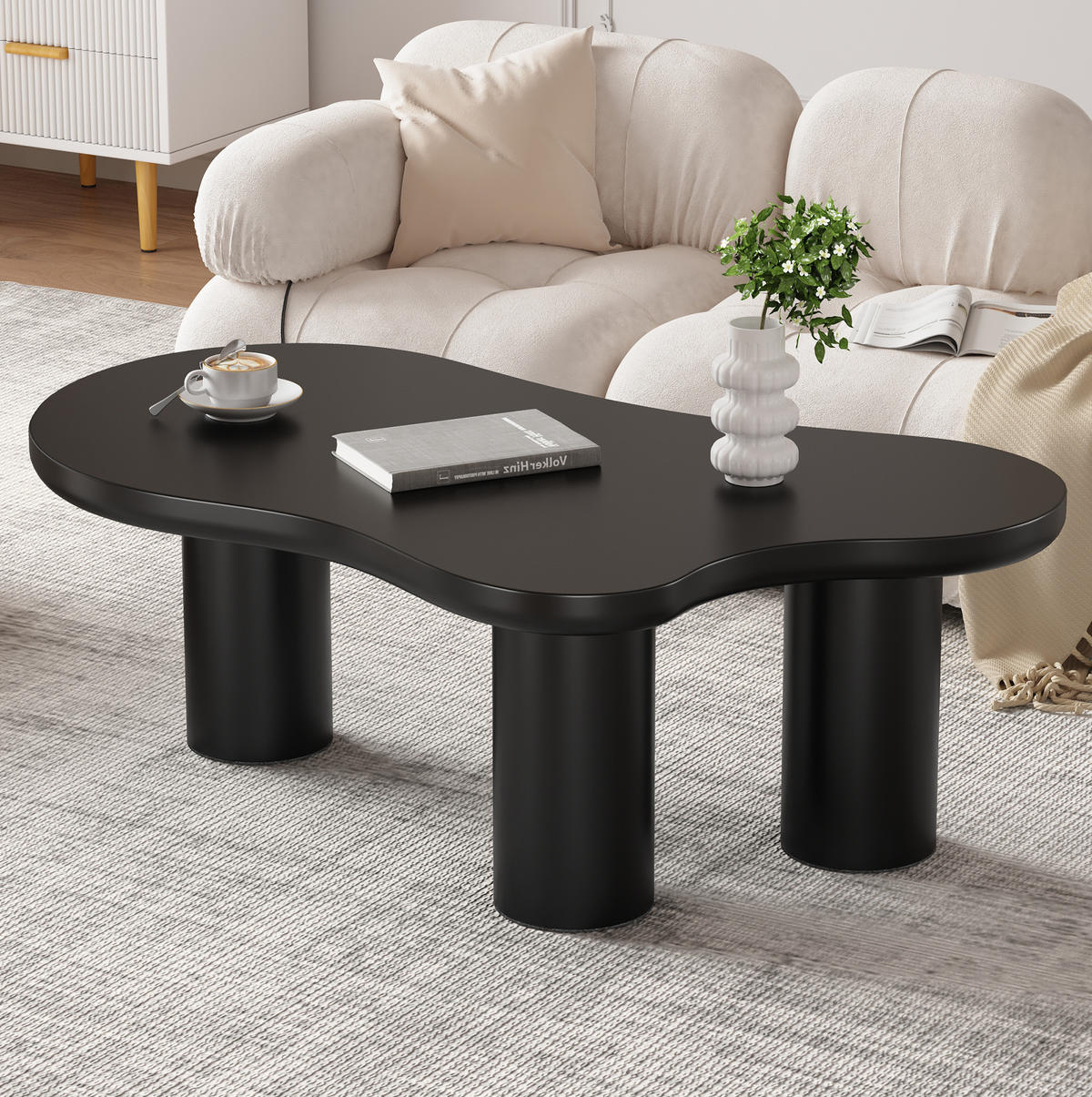 COUCHTISCH 107/66/40,5 cm in Schwarz mit MDF-Tischplatte in Wolkenform - Schwarz, Holzwerkstoff (107/66/40.5cm) - Flora Grace
