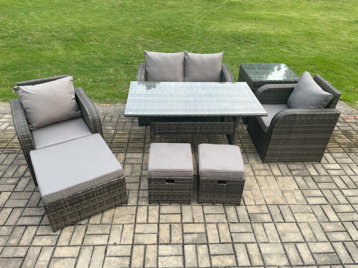 GARTENMÖBEL SET mit Hocker,Beistelltisch,Zweisitzer Polyrattan 7-Sitzer - Dunkelgrau/Grau, Glas/Kunststoff - Fimous