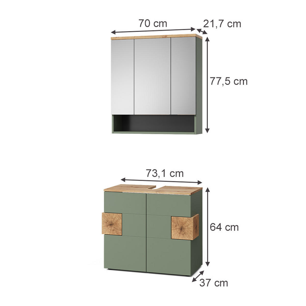 BADMÖBEL-SET Eden Grün/Artisan 2 Teile - Hellgrau/Grün, Holzwerkstoff (73/64/37cm) - Vicco