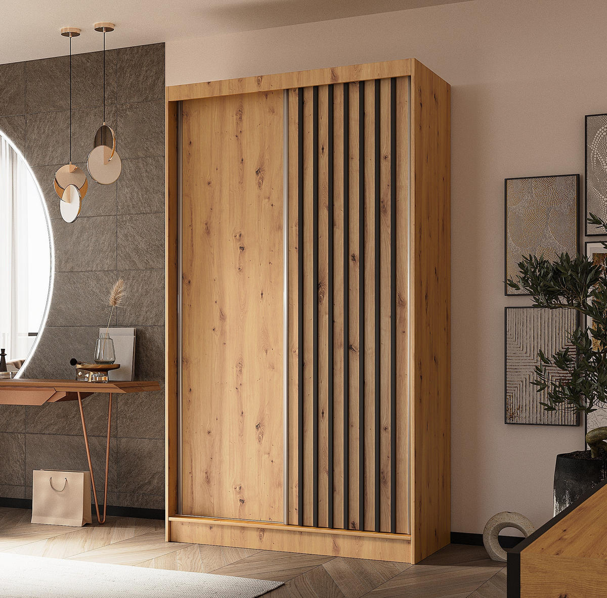 SCHWEBETÜRENSCHRANK Cabinio Eiche Artisan 120/216/61 cm – Modern, mit Lamellen - Walnussfarben/Schwarz, Holzwerkstoff/Kunststoff (120/216.1/61cm) - AX Living