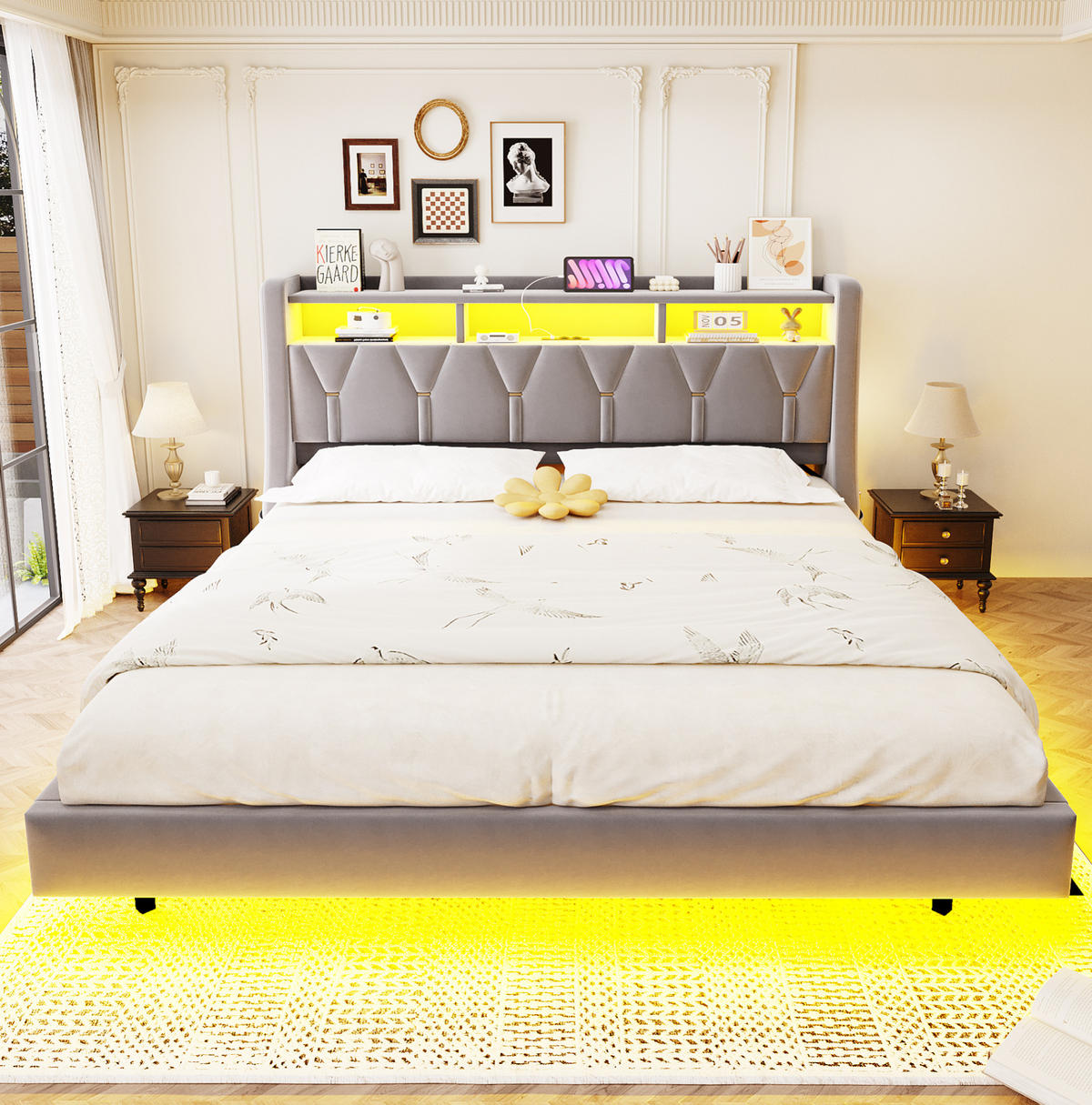 TAPECIRANI krevet 180/200 cm s LED osvjetljenjem, USB i Type-C priključcima te sklopivim uzglavljem, Svijetlosiva - siva, tekstil (180/200cm) - Redom
