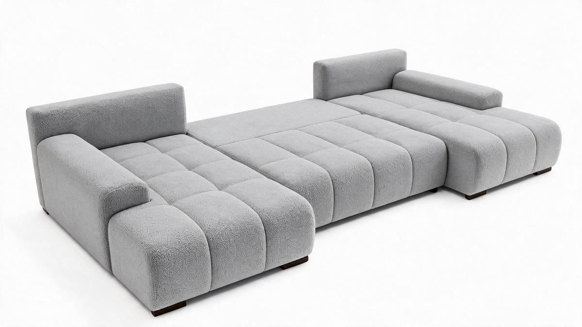 WOHNLANDSCHAFT OVIA U mit Bettkasten und Schlaffunktion, Bouclé-Stoff in U-Form - Hellgrau, Textil (350/80/185cm)