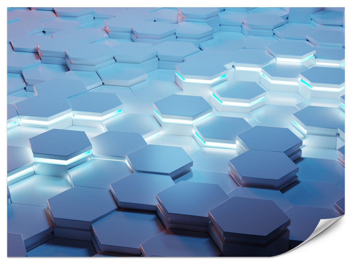 FOTOTAPETE für Jugendzimmer Blaue Neon Hexagone Formen Geometrie 400x280 - Blau/Weiß, Papier (400/280cm) - Muralo