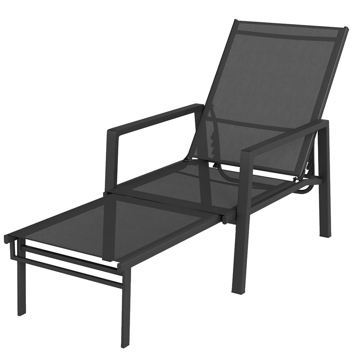 SONNENLIEGE Klappbar tragbar Gartenliege mit ausziehbarer Fußstütze 5-fach Verstellbar Rückenlehne Atmungsaktiv - Schwarz, Metall (185/55/63cm)