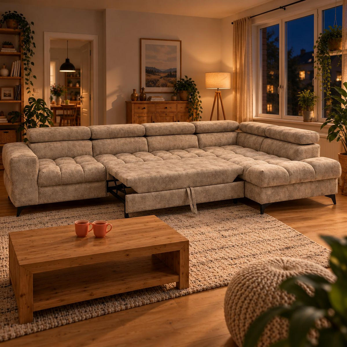 ECKSOFA PUDDING MAXI L Rechts mit Schlaffunktion 125x195 Velours Beige - Beige/Schwarz, Holz/Textil (203/350cm) - Muffo