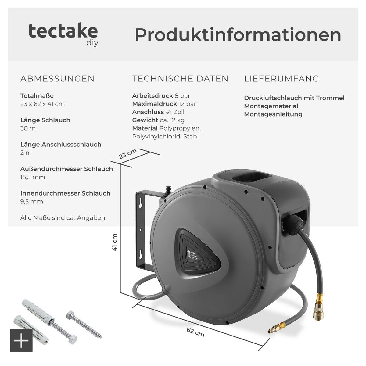 DRUCKLUFTSCHLAUCH mit Trommel, inklusive Montagematerial,grau - Grau, Textil (23/41/62cm) - tectake