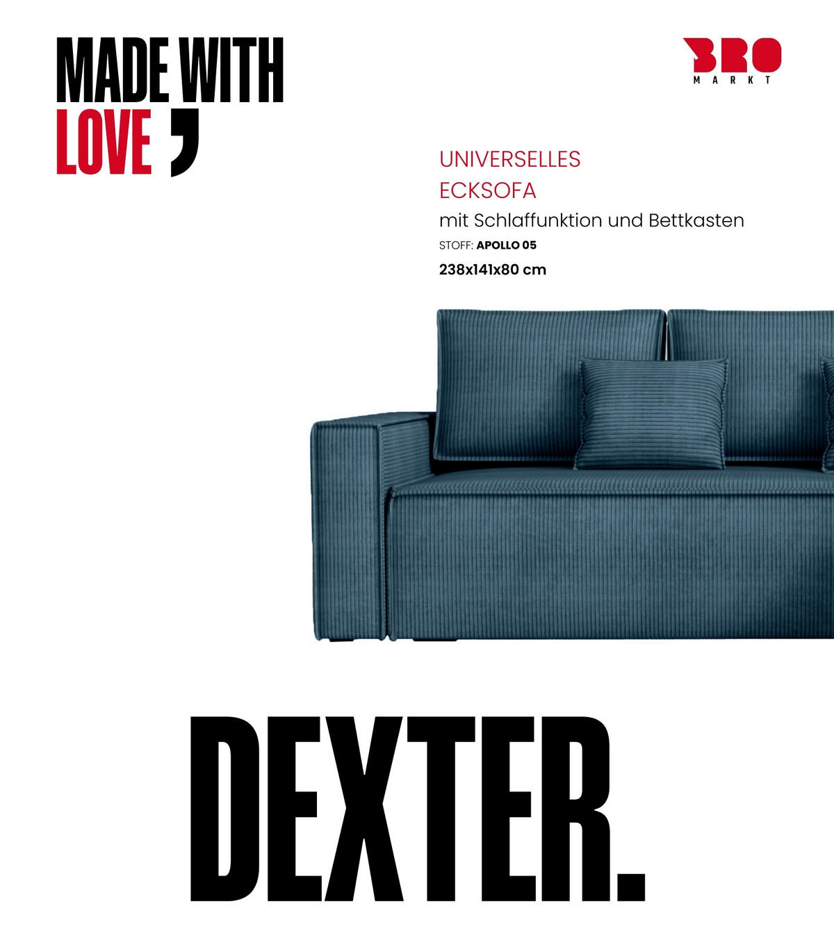 ECKSOFA Dexter mit Schlaffunktion Blau Cord - Blau, Textil (238/141cm) - Bromarkt