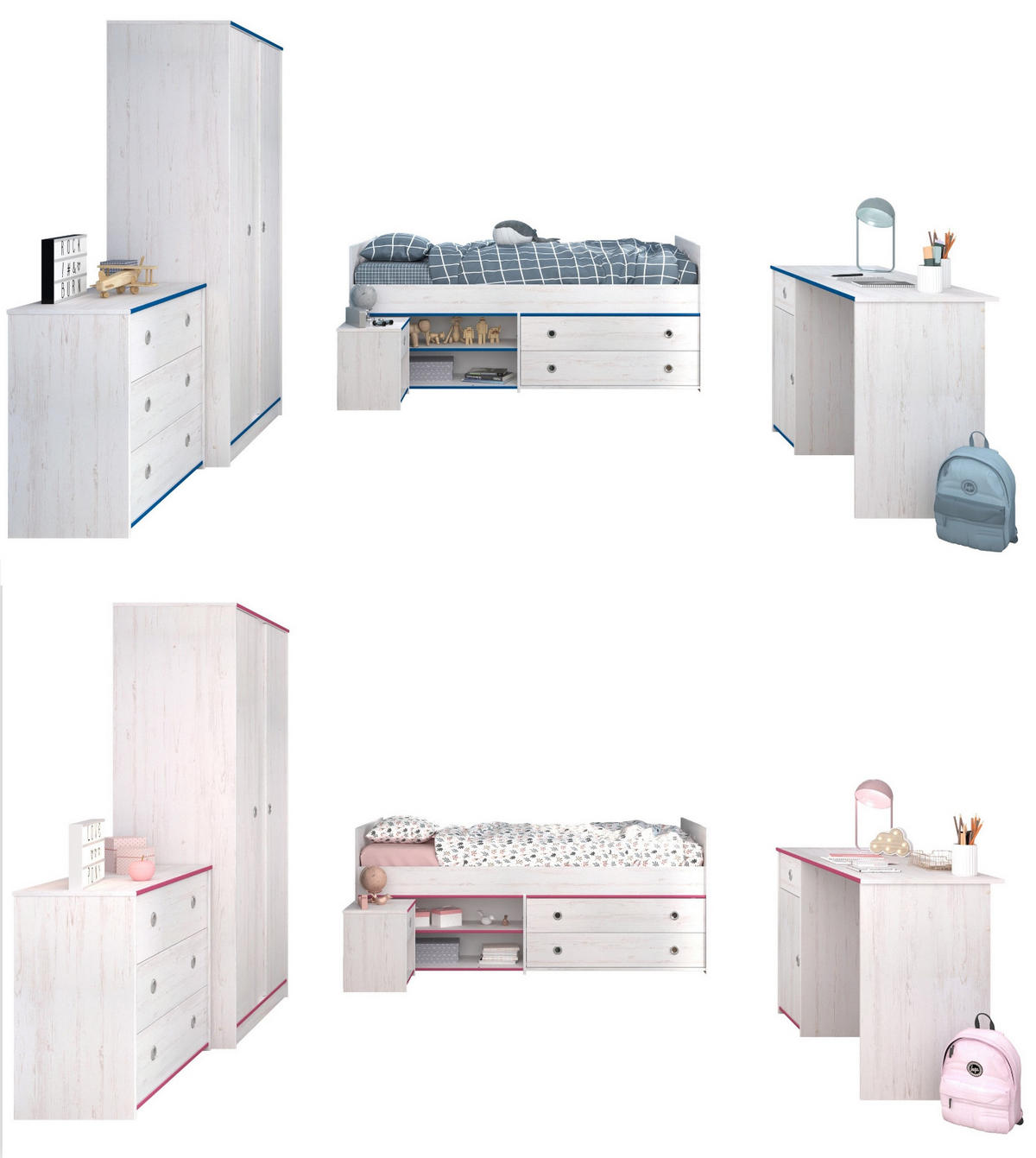 KINDERZIMMER Set Kleiderschrank Schreibtisch Kommode Bett 90x200 cm - Weiß/Kieferfarben, Holz/Holzwerkstoff (203/182/95cm) - Parisot Meuble