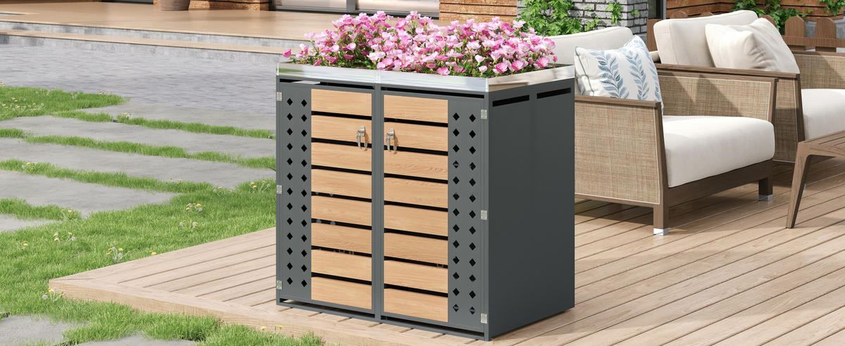 MÜLLTONNENBOX 2 Türen Holzoptik Pflanzfläche - Grau, Metall (132/124.58/80cm) - LEBENLANG