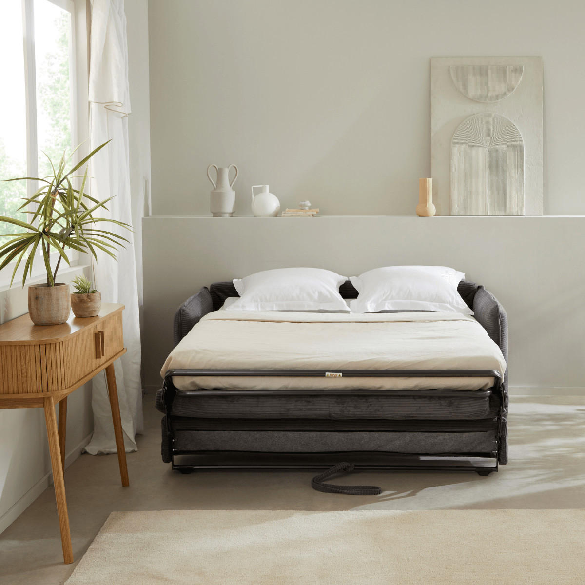 SCHLAFSOFA mit 3 Plätzen aus geripptem Samt, L185 cm - MIKA - Anthrazit, Textil (104/90/185cm) - Calicosy