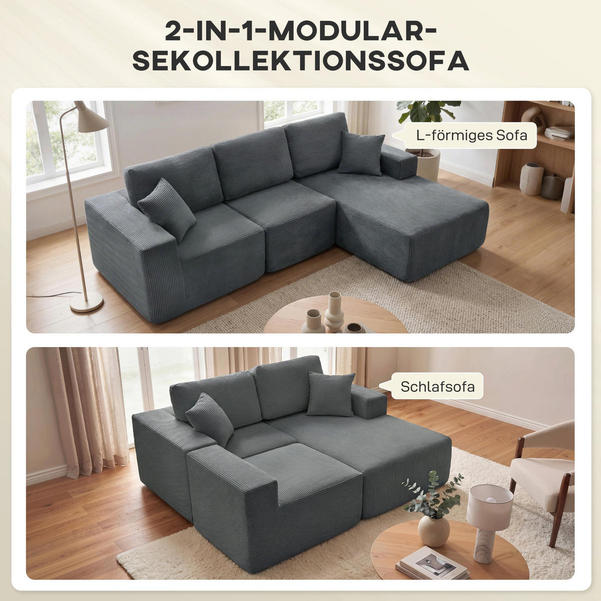ECKSOFA 3er Set Cord Schaumstoff Dunkelgrau - Dunkelgrau, Textil (168/267cm) - HOMCOM