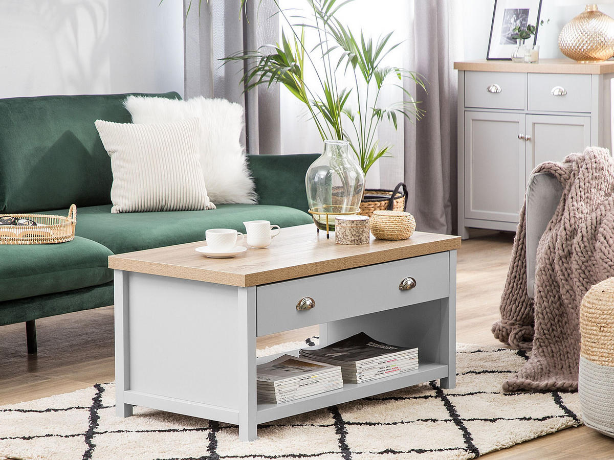COUCHTISCH grau/heller Holzfarbton rechteckig Clio - Hellbraun/Silberfarben, Holzwerkstoff (55/99/51cm) - Beliani