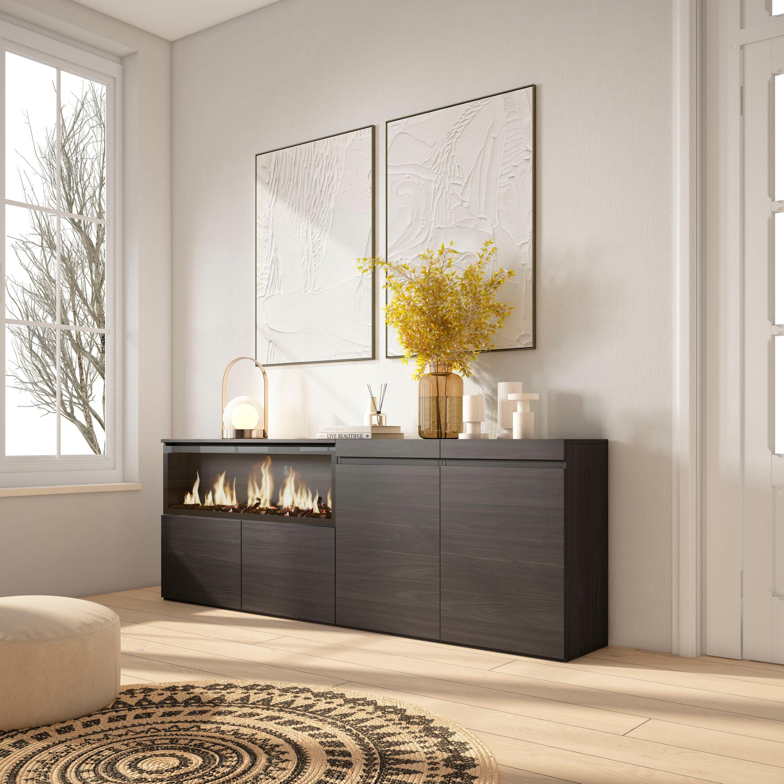 SIDEBOARD Highboard, Elektrokamin XXL, schwarz, 208/35/75cm - Schwarz, Holzwerkstoff (208/75/35cm) - Skraut Home