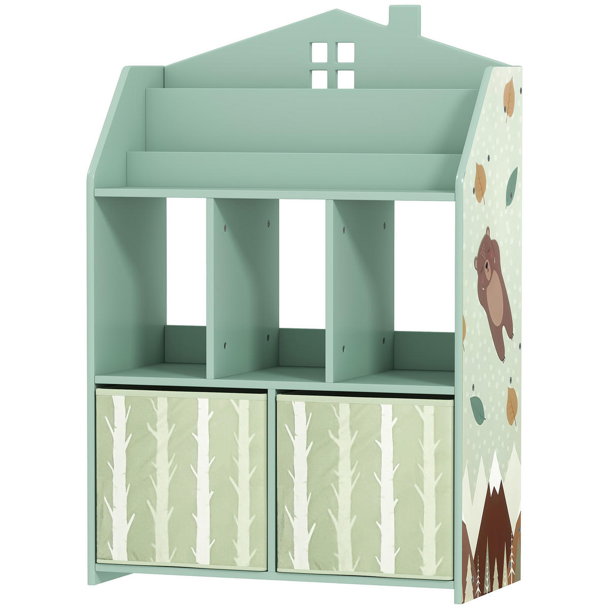 KINDERREGAL Grün mit 2 Stoffschubladen Haus-Design - Grün, Holzwerkstoff (62.5/91.5/30cm) - PANGIVO