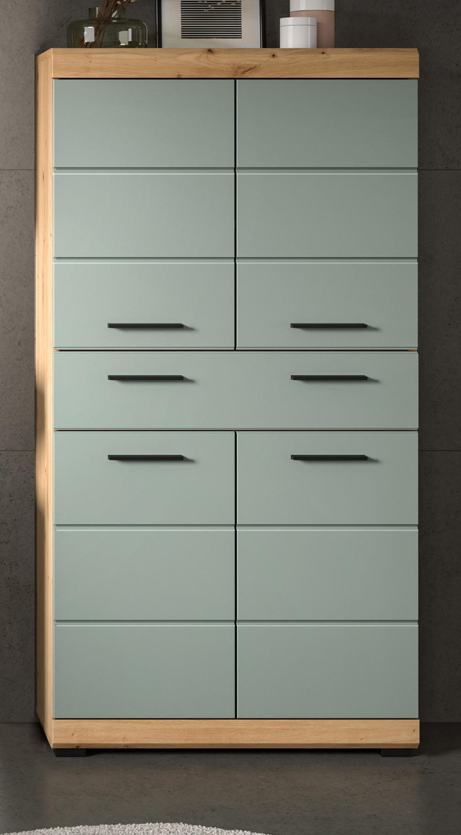 MIDISCHRANK Salbei grün, Eiche Artisan 74 x 141 cm, Badschrank 4-türig - Salbeigrün/Schwarz, Holzwerkstoff/Kunststoff (74/141/31cm) - Inn.Furn