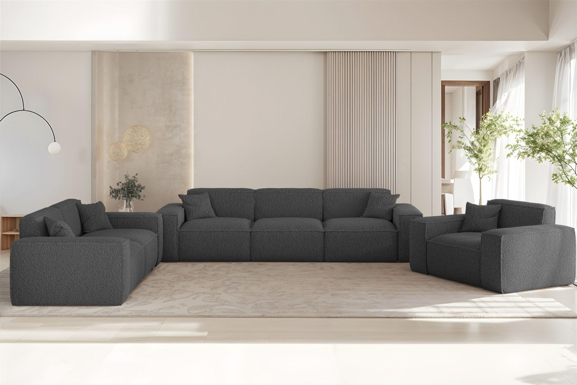 SOFASET Celes Premium 3-2-1 In Sven - Dunkelgrau, Holzwerkstoff/Textil (218/73/90cm) - Fun Möbel