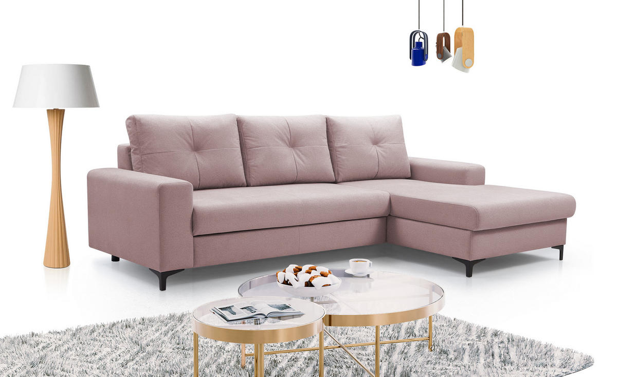 ECKSOFA AVRA L-förmig, mit Stauraumbehälter-in RINO-Stoff, Komfort & Eleganz, lose Rückenkissen, freistehend, RECHTS 251x165x85 cm Pink - Pink, Holz/Textil (251/165cm) - DomoHome