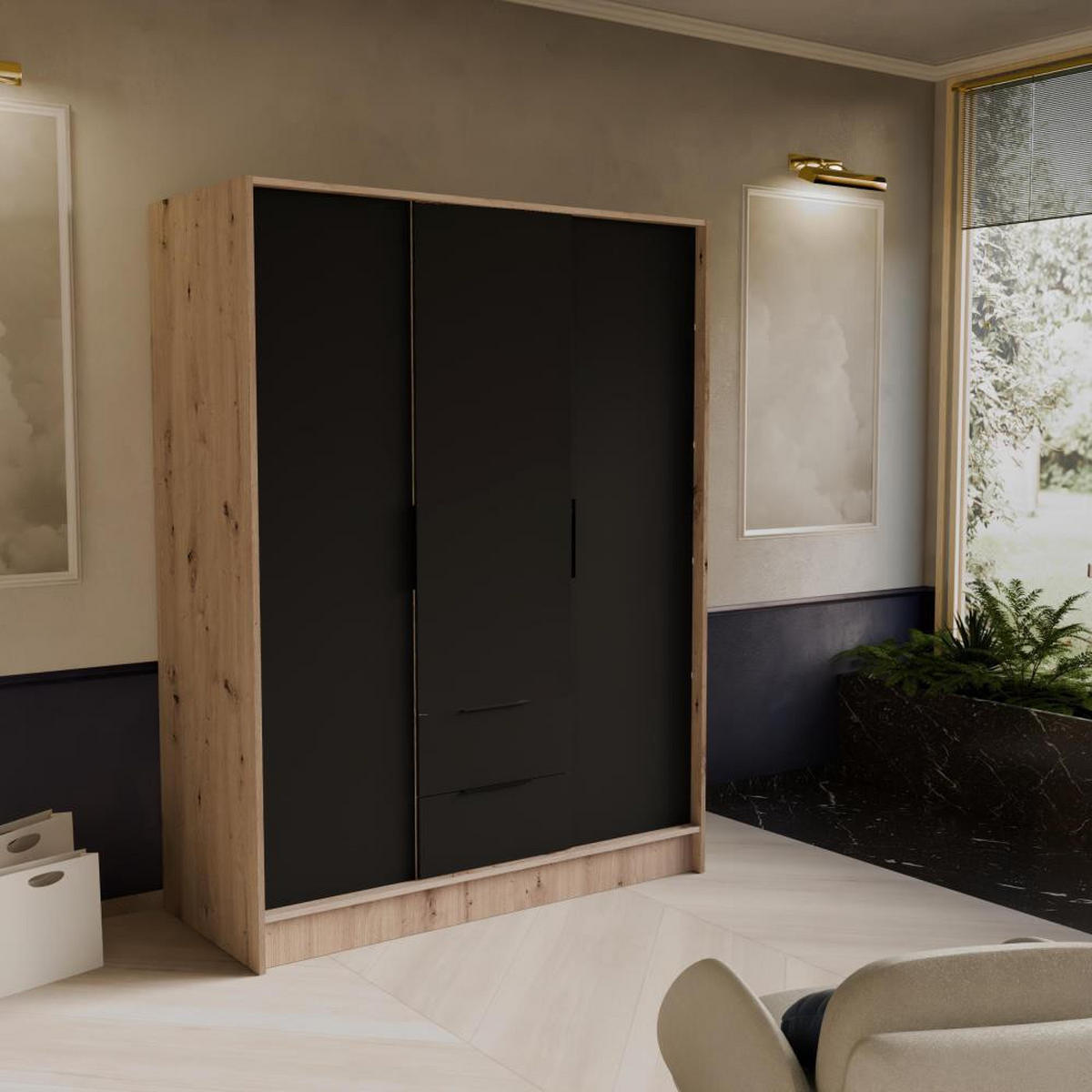 DREHTÜRENSCHRANK Niko 150/51/200 cm eiche artisan+schwarz - Schwarz/Eiche Artisan, Holzwerkstoff (150/200/51cm) - Beautysofa